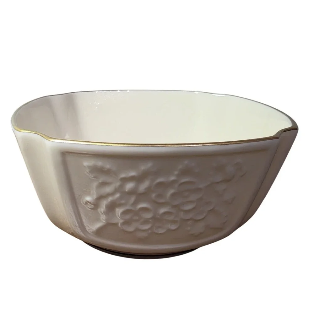 Lenox Square Arcadia Bowl/Candy Dish, Cream 24k Gold Rim, Raised‎ Flowers USA